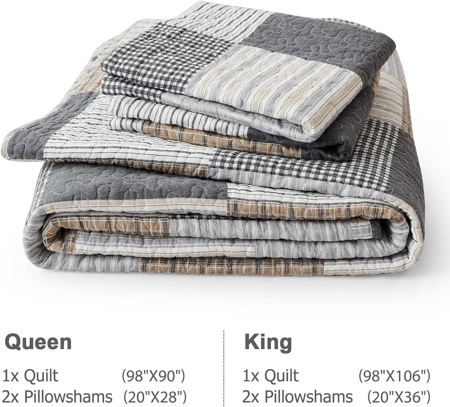 Finlonte King Quilt Bedding Set - 100% Cotton King Size Comforter, Plaid Quilted Bedspread Farmhouse Country Bed Spread, Lightweight Reversible King Quilt Sets All-Season, Gray/Brown/Black/White, 3Pcs