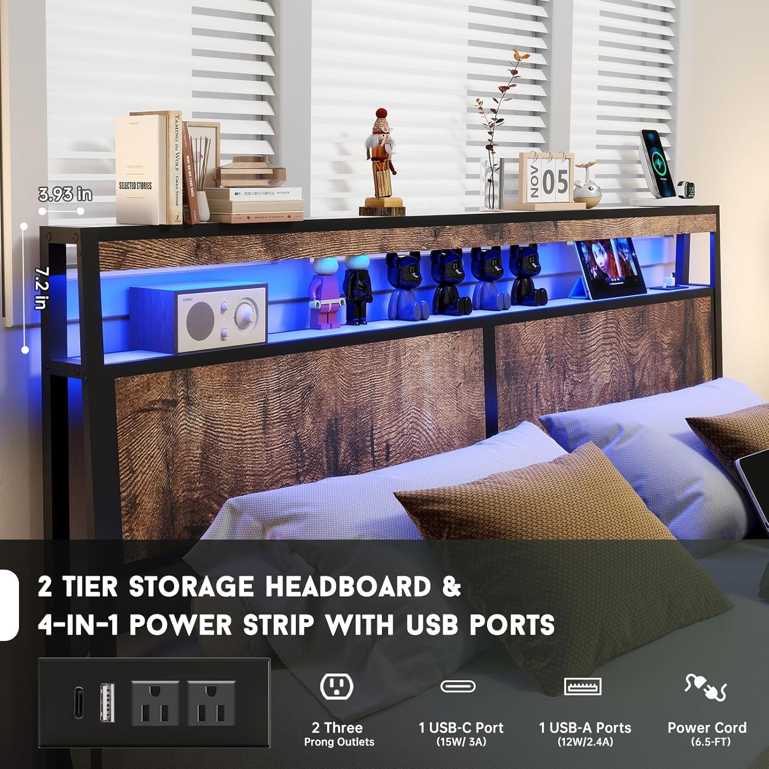 Fabulis King Size Bed Frame with 4 Storage Drawers and Headboard with Charging Station and LED Lights,2 Tier Solid Wood Headboard Storage,Noise Free,Easy Assembly, Vintage Brown