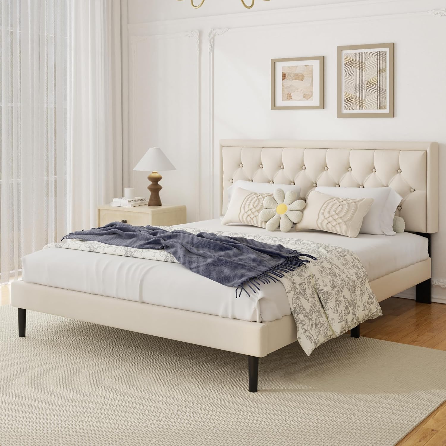 CXVX King Size Platform Bed Frame with Upholstered Velvet Button Tufted Headboard, Mattress Foundation with Wooden Slat Support, No Box Spring Needed, Easy Assembly, Noise Free, Beige