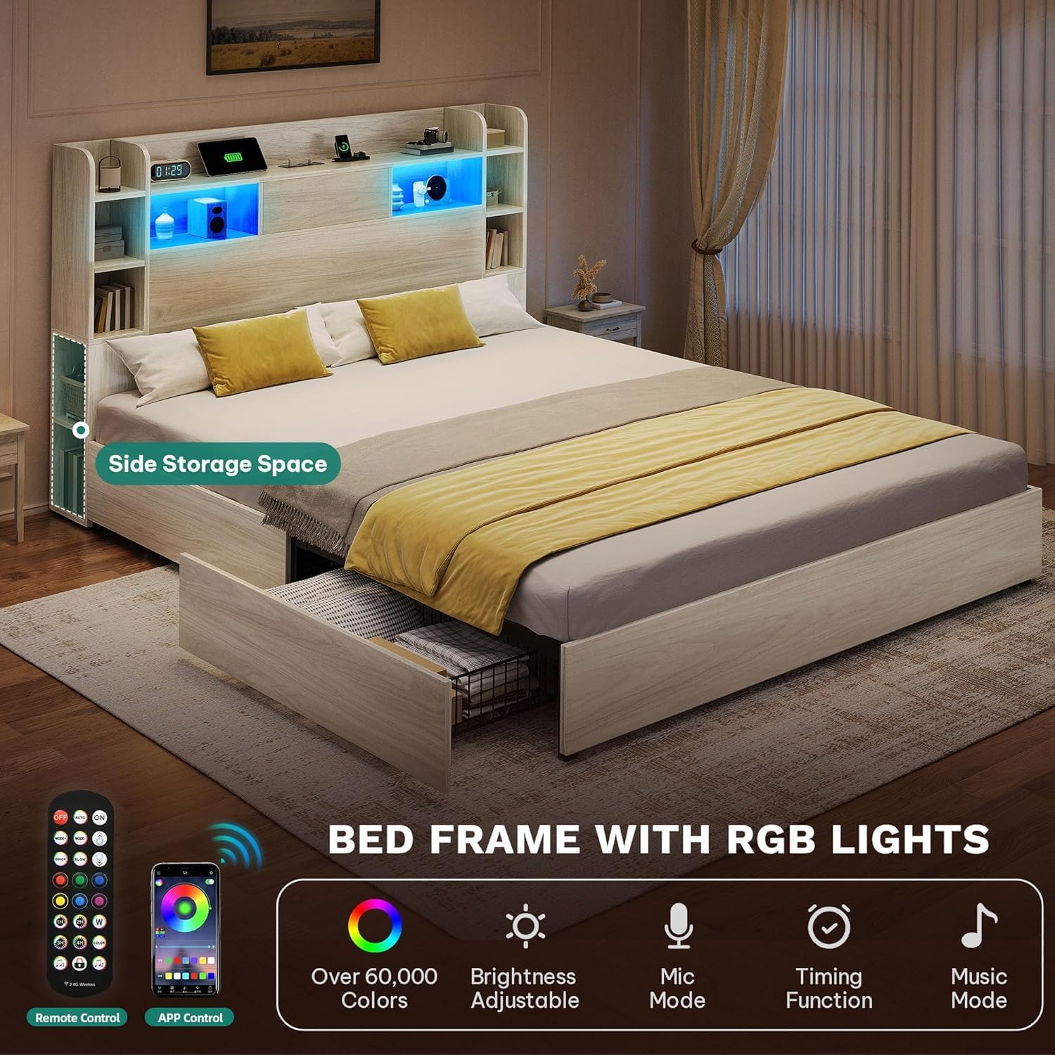 DWVO King Size Bed Frame with Bookcase Headboard and 4 Storage Drawers, RGB LED Bed Frame with Type-C & USB Charging Station Storage Headboard Bed, No Box Spring Needed, Noise Free, Wooden White