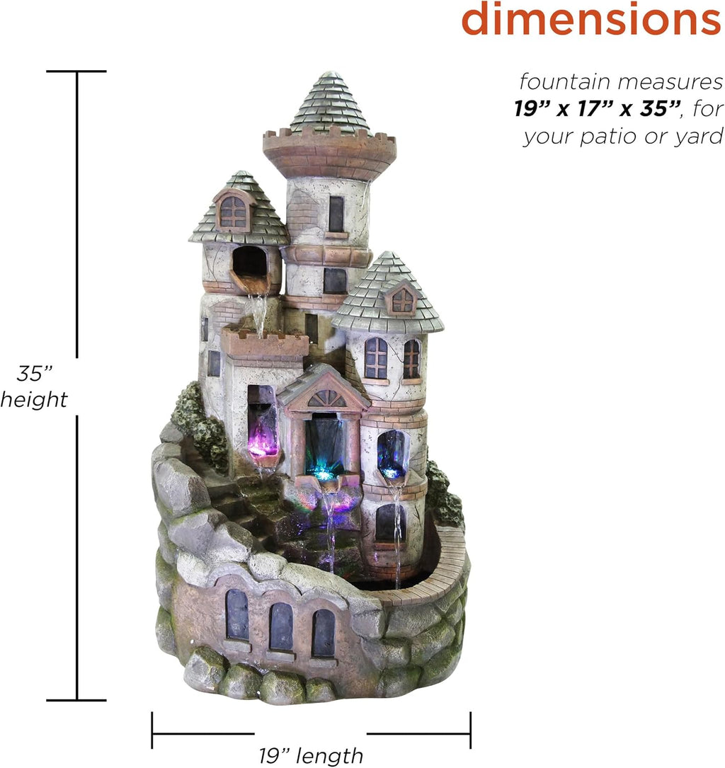 Alpine Corporation USA1368 Outdoor Floor Tiered Fairy Castle Water Fountain with Color Changing LED Lights, 35', Brown