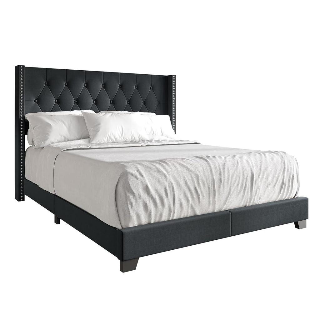 Queen Button Tufted Wingback Linen Upholstered Bed, Charcoal Grey