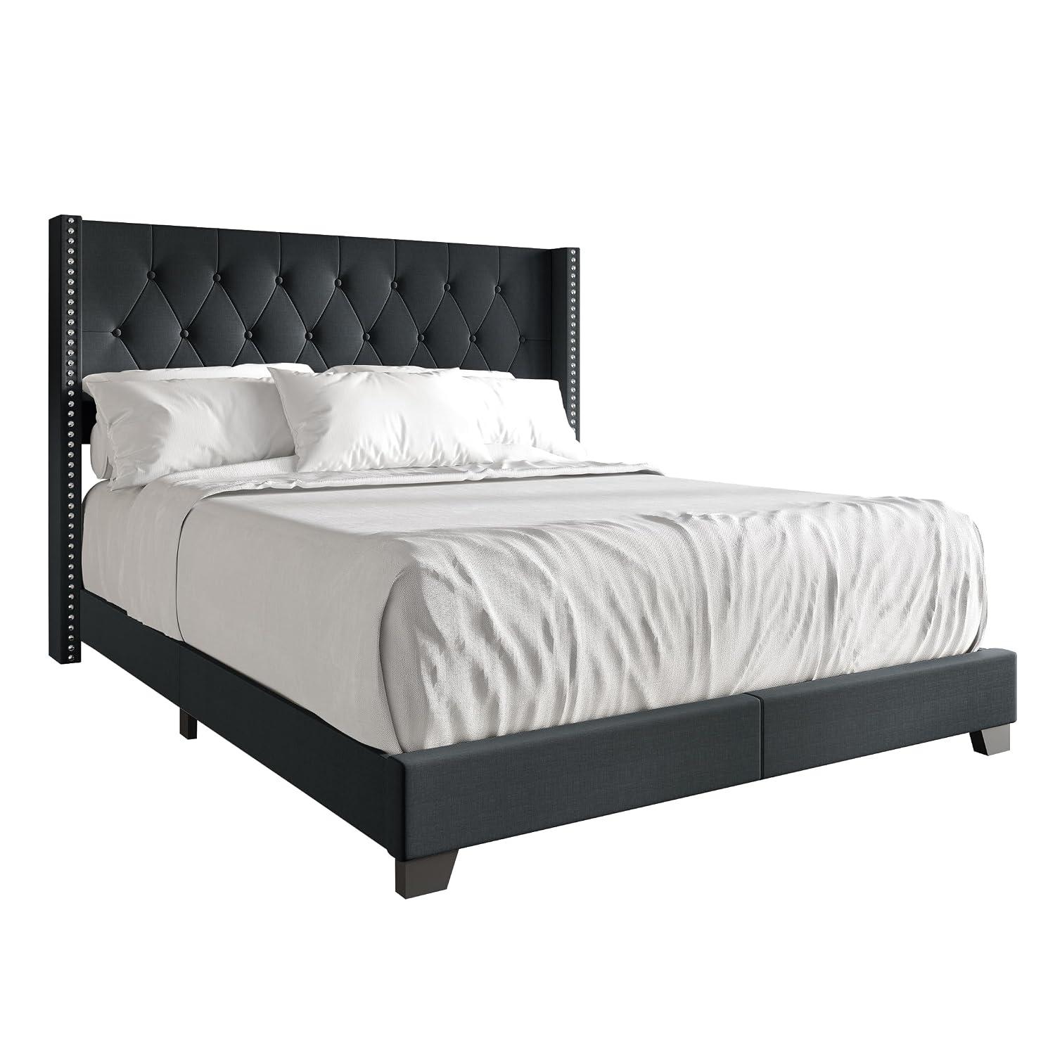 Queen Button Tufted Wingback Linen Upholstered Bed, Charcoal Grey