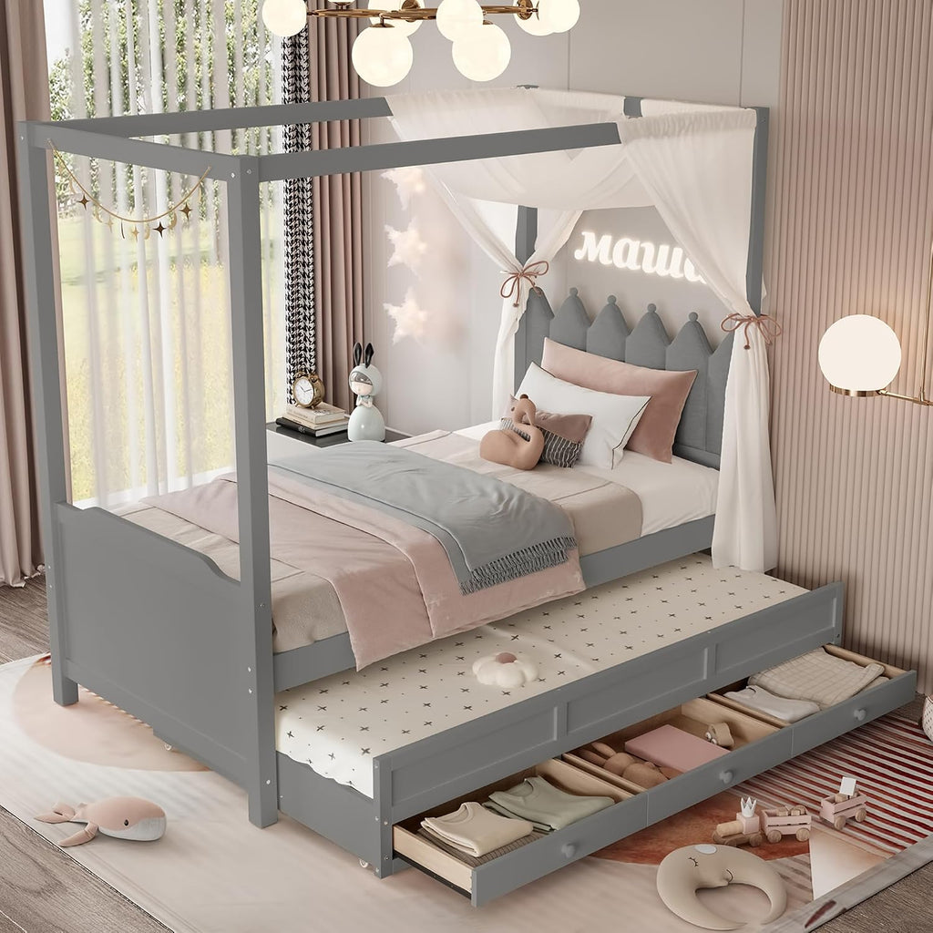 Twin Size Wood Canopy Bed with Upholstered Headboard, Twin Size Trundle and 3 Drawers, No Box Spring Needed (Gray, Twin)