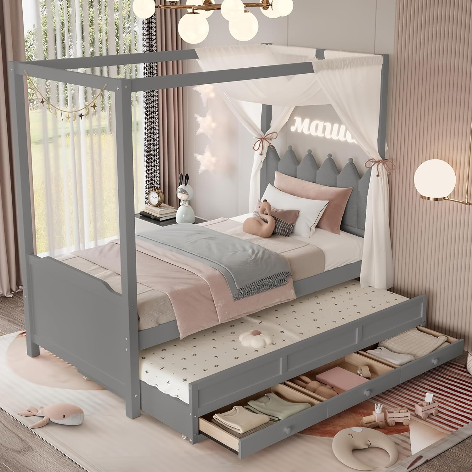 Twin Size Wood Canopy Bed with Upholstered Headboard, Twin Size Trundle and 3 Drawers, No Box Spring Needed (Gray, Twin)