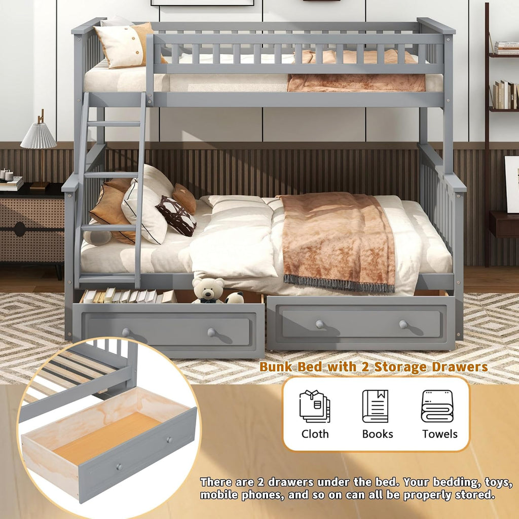Harper & Bright Designs Convertible Wood Twin Over Full Bunk Bed with 2 Storage Drawers and Ladder - Can Be Divided Into Two Daybeds, Grey