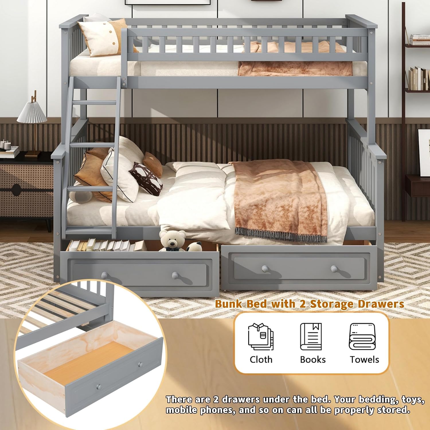 Harper & Bright Designs Convertible Wood Twin Over Full Bunk Bed with 2 Storage Drawers and Ladder - Can Be Divided Into Two Daybeds, Grey