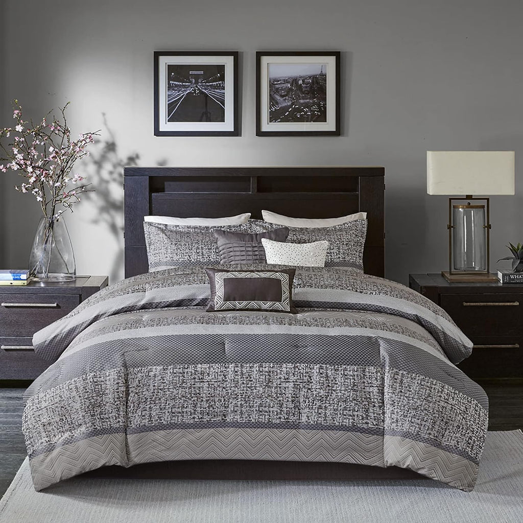 Madison Park Luxury Comforter Set-Traditional Jacquard Design All Season Down Alternative Bedding, Matching Bedskirt, Decorative Pillows, Cal King(104'x92'), Rhapsody, Striped Grey/Taupe 7 Piece