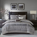 Madison Park Luxury Comforter Set-Traditional Jacquard Design All Season Down Alternative Bedding, Matching Bedskirt, Decorative Pillows, Cal King(104'x92'), Rhapsody, Striped Grey/Taupe 7 Piece