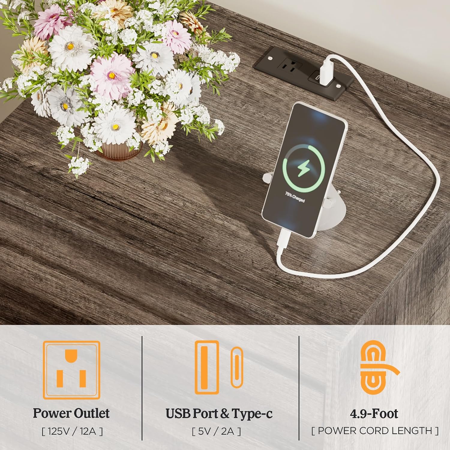Albott 3 Piece Bedroom Set, Including Farmhouse Full Size Bed Frame with Slatted Headboard, Nightstands Set of 2 with Charging Station for Bedroom, Rustic Grey