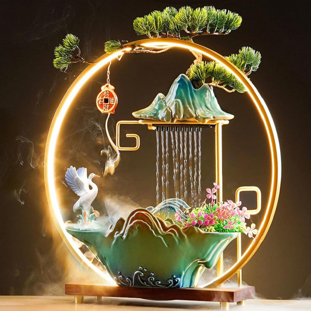 Tabletop Water Fountains Indoor Waterfall Desktop Fountain for Meditation with Mist Japanese Fountain with Fake Plants Feng Shui Office Home Decor for Good Luck Wealth (Crane)