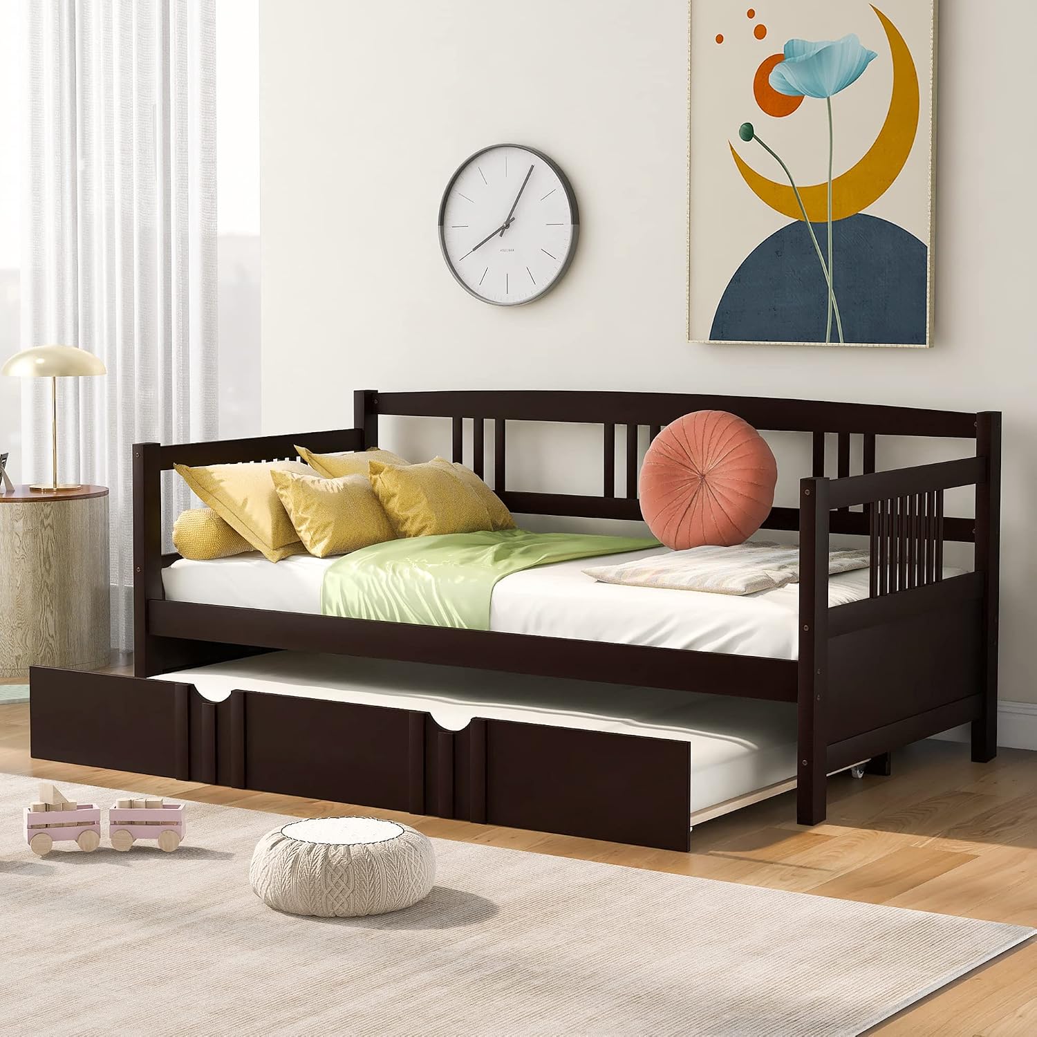 Merax Daybed with Trundle Bed Wooden Slats Support Modern Living Daybed with Rails, Twin Size, Espresso