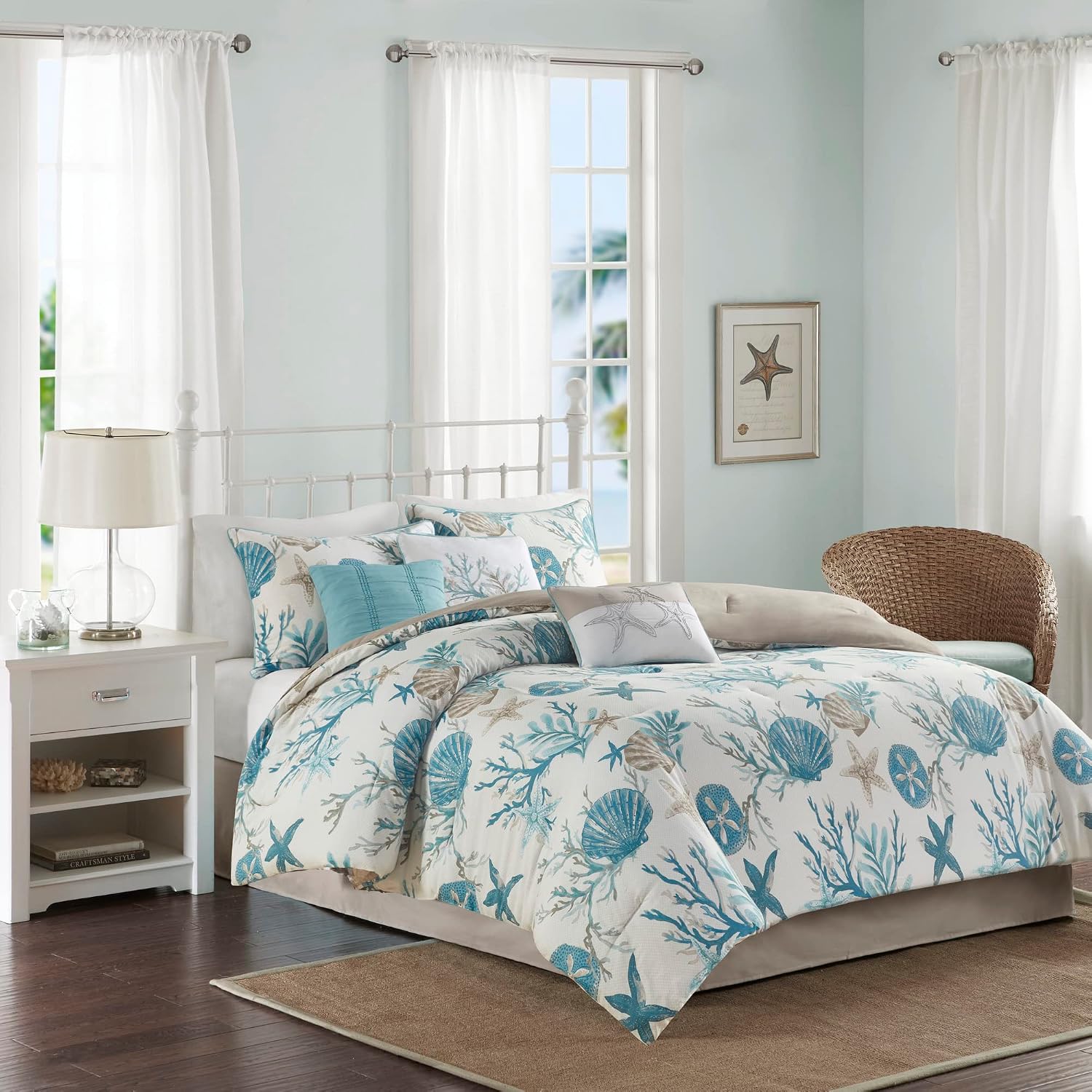 Madison Park Pebble Beach Pebble Beach 100% Cotton Comforter Set - Coastal Coral, All Season Down Alternative Cozy Bedding with Matching Shams, Decorative Pillow, Cal King(104'x92') Aqua 7 Piece