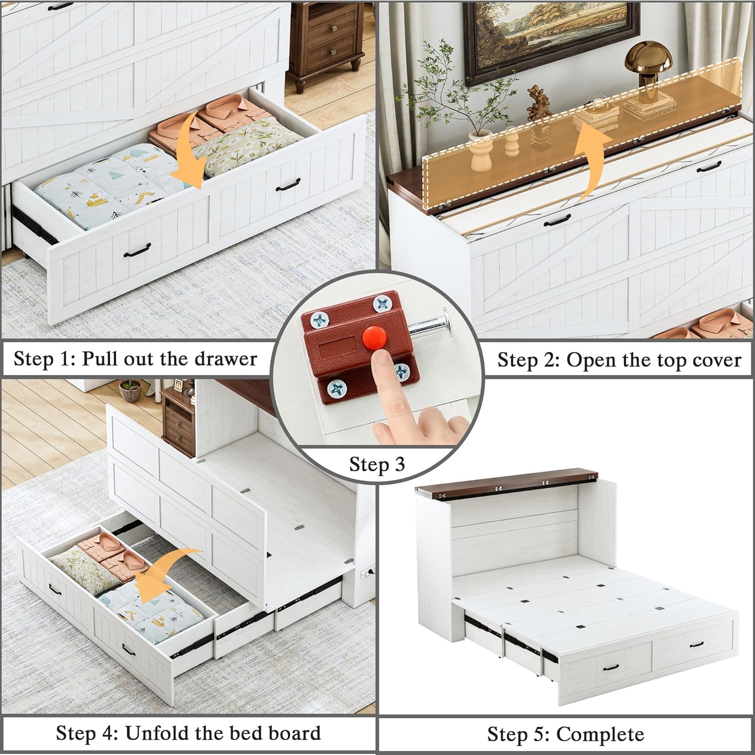 Queen Size Murphy Bed with Charging Station and Large Drawer, Farmhouse Cabinet Bed with Storage, Multifunctional Wood Hidden Folding Bed Frame for Bedroom, White