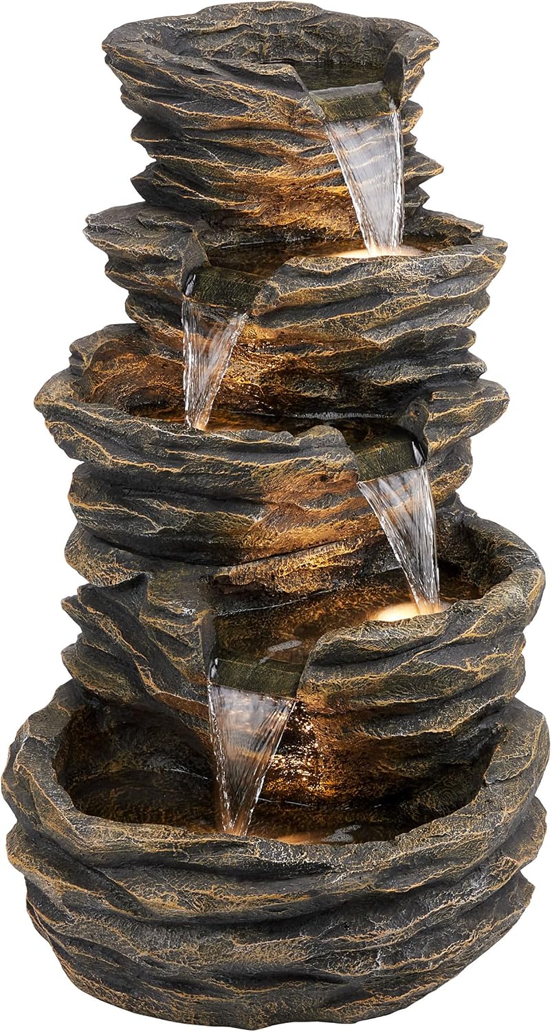 Alpine Corporation 39' Tall Outdoor 5 Tiered Natural Look Rock Water Floor Fountain with Replaceable Lights, Brown