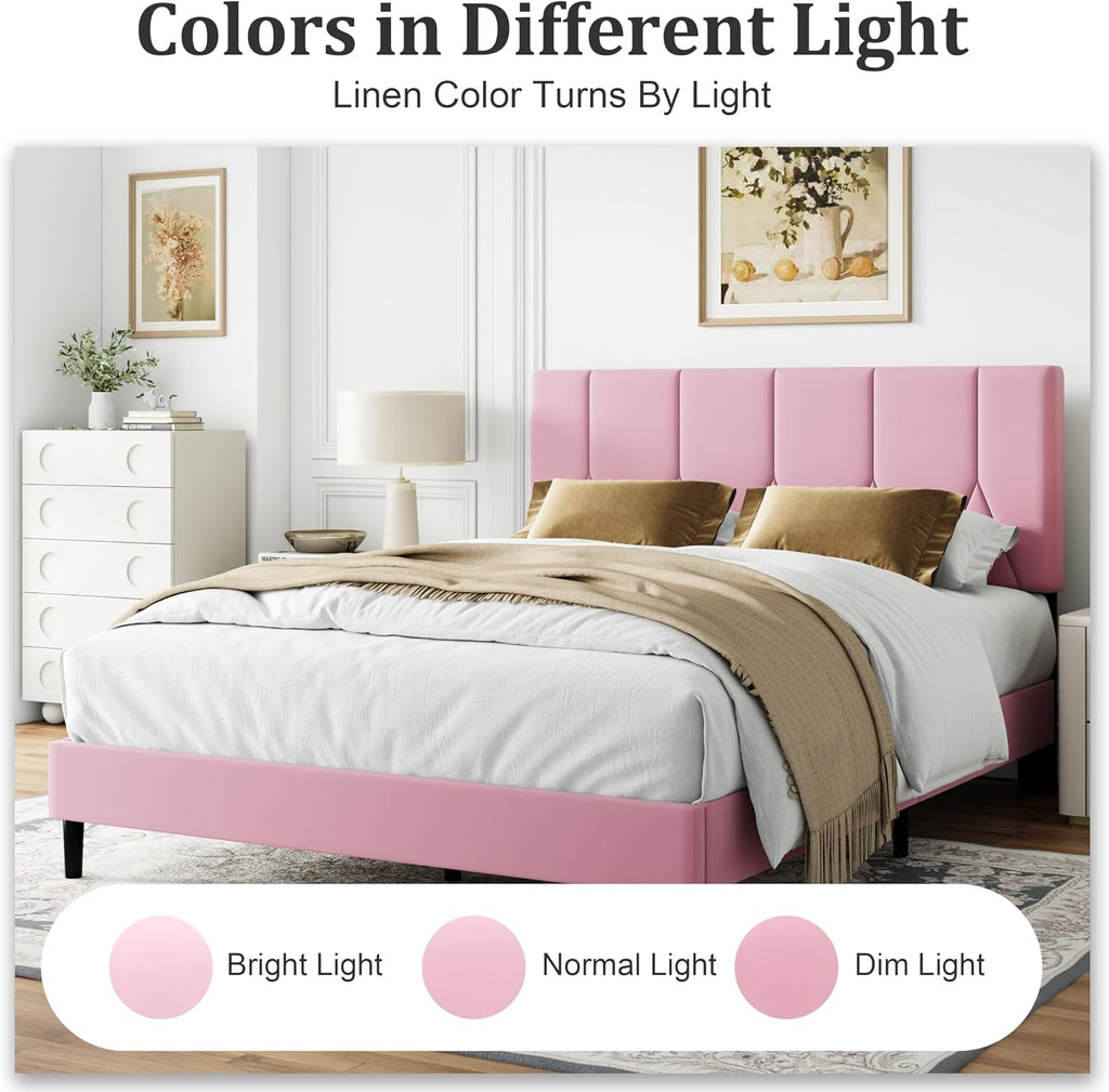 IOILORI Queen Size Bed Frame Platform with Velvet Upholstered Headboard, Sturdy Wooden Slats, No Spring Box, No Noise, Easy to Assemble, Bedframe with Strong Wooden Slats, Pink