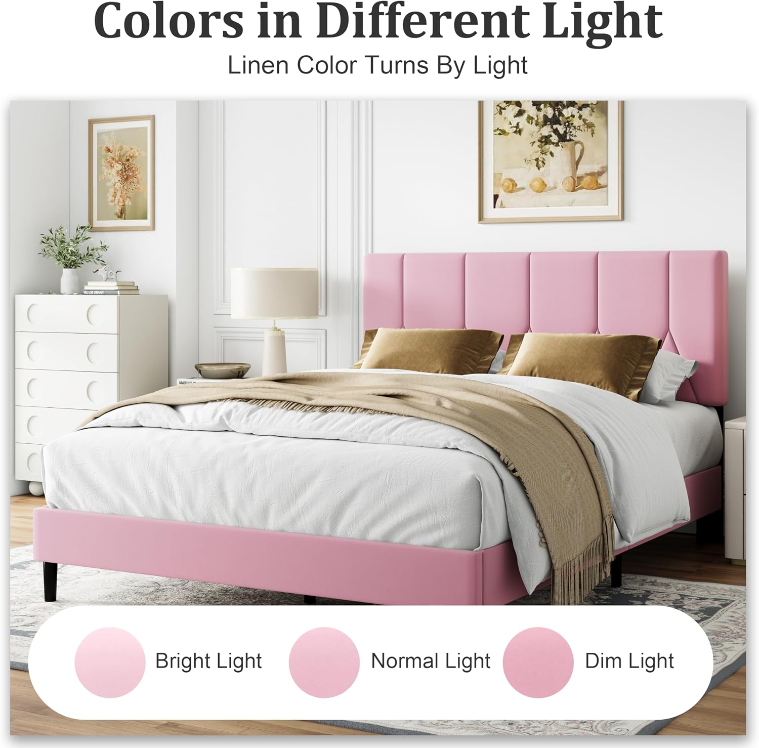 IOILORI Queen Size Bed Frame Platform with Velvet Upholstered Headboard, Sturdy Wooden Slats, No Spring Box, No Noise, Easy to Assemble, Bedframe with Strong Wooden Slats, Pink