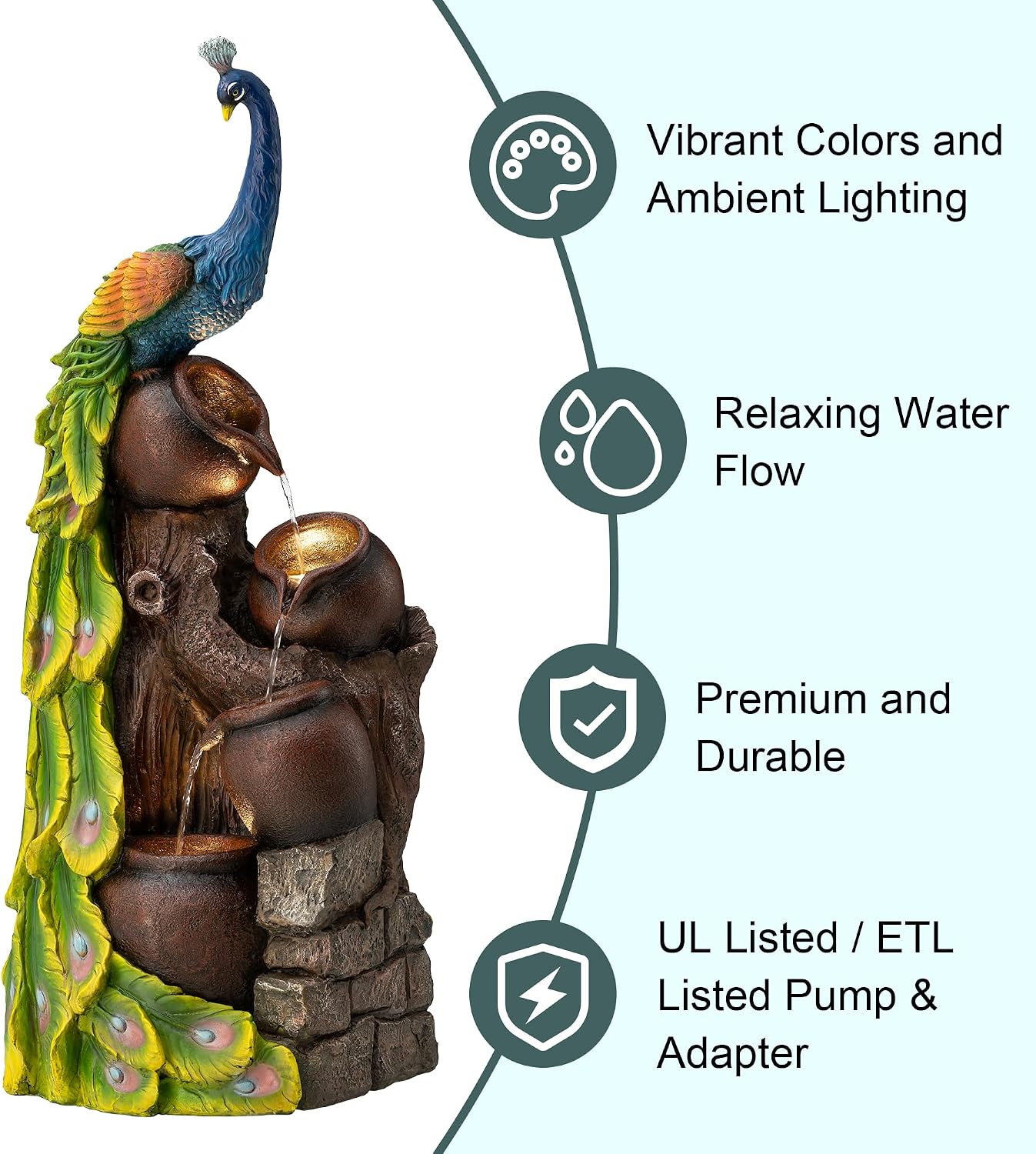 Glitzhome 4-Tier Oversized Peacock Sculpture with Jars Outdoor Water Fountain with LED Light, Resin Peacock Statue Waterfall Fountain with Submersible Pump for Garden Patio Porch, 40'H