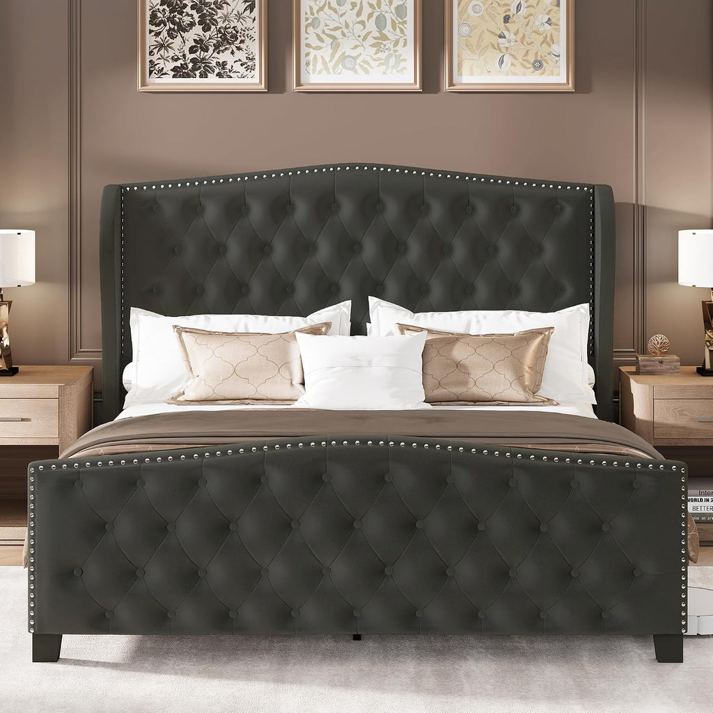LARMACE Queen Size Bed Frame Velvet Upholstered Platform Bed with Wingback Headboard & Footbaord, Deep Button Tufted Bed Frame with Wood Slats Support, No Box Spring Needed, Grey