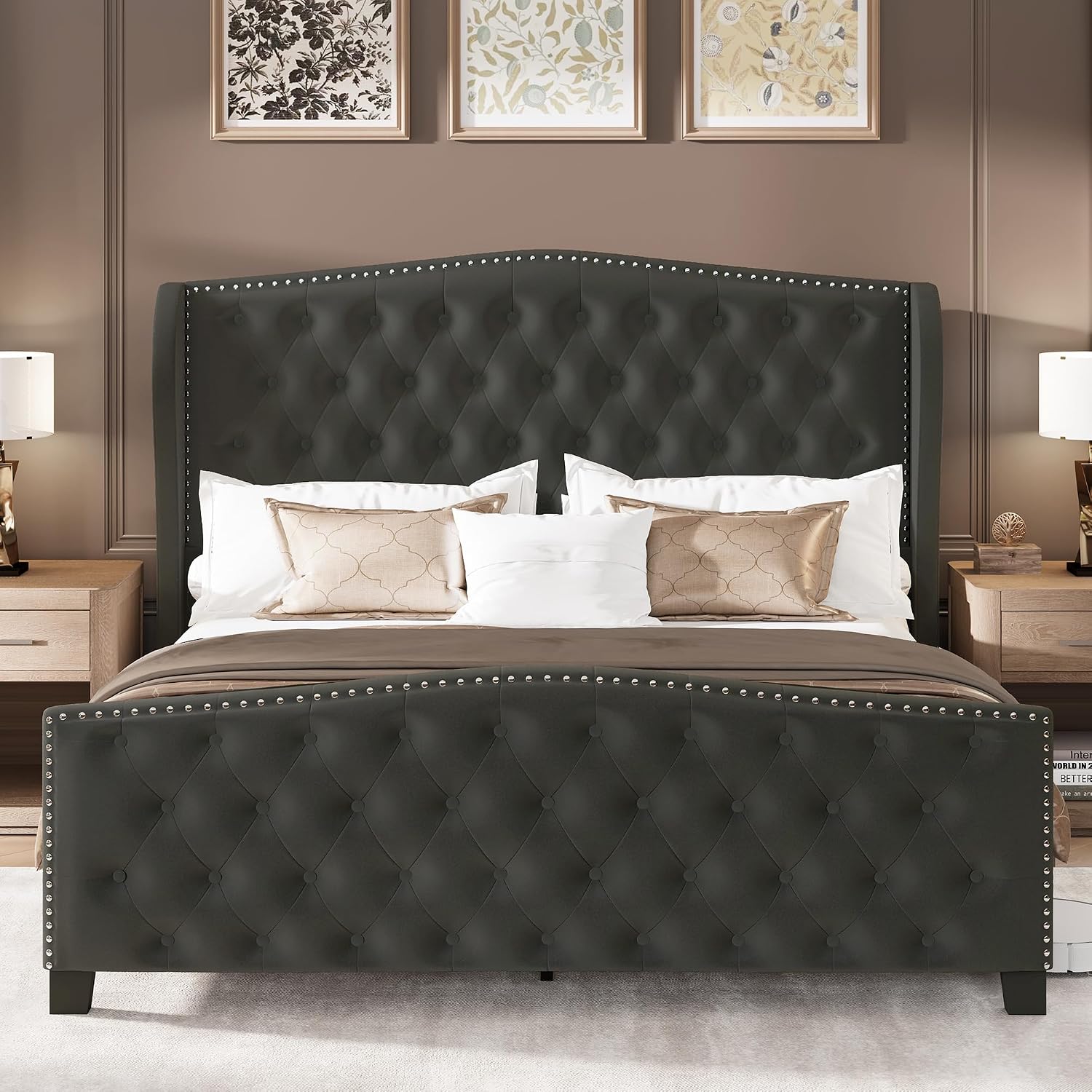 LARMACE Queen Size Bed Frame Velvet Upholstered Platform Bed with Wingback Headboard & Footbaord, Deep Button Tufted Bed Frame with Wood Slats Support, No Box Spring Needed, Grey