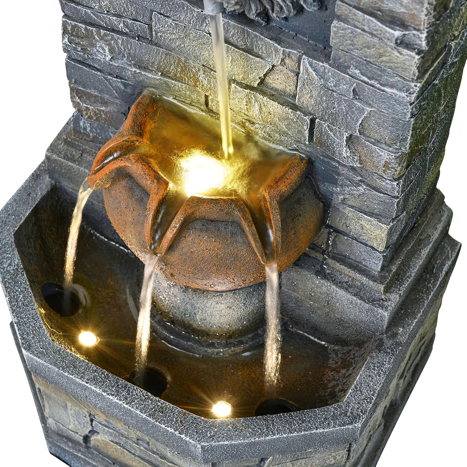 32.28'' Outdoor Garden Floor-Standing Water Fountain Lion Head Stone with Lights Outdoor Waterfall for Patio, Backyard, Deck, Porch and Home Art Decor