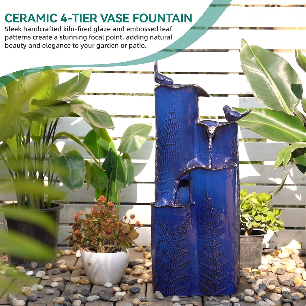 32' H Ceramic Outdoor Water Fountain with LED Lights, 4-Tier Vase Outdoor Fountain, Cobalt Blue Glaze, Embossed Fern Pattern, Cascading Waterfall for Tranquil Garden, Patio, or Porch