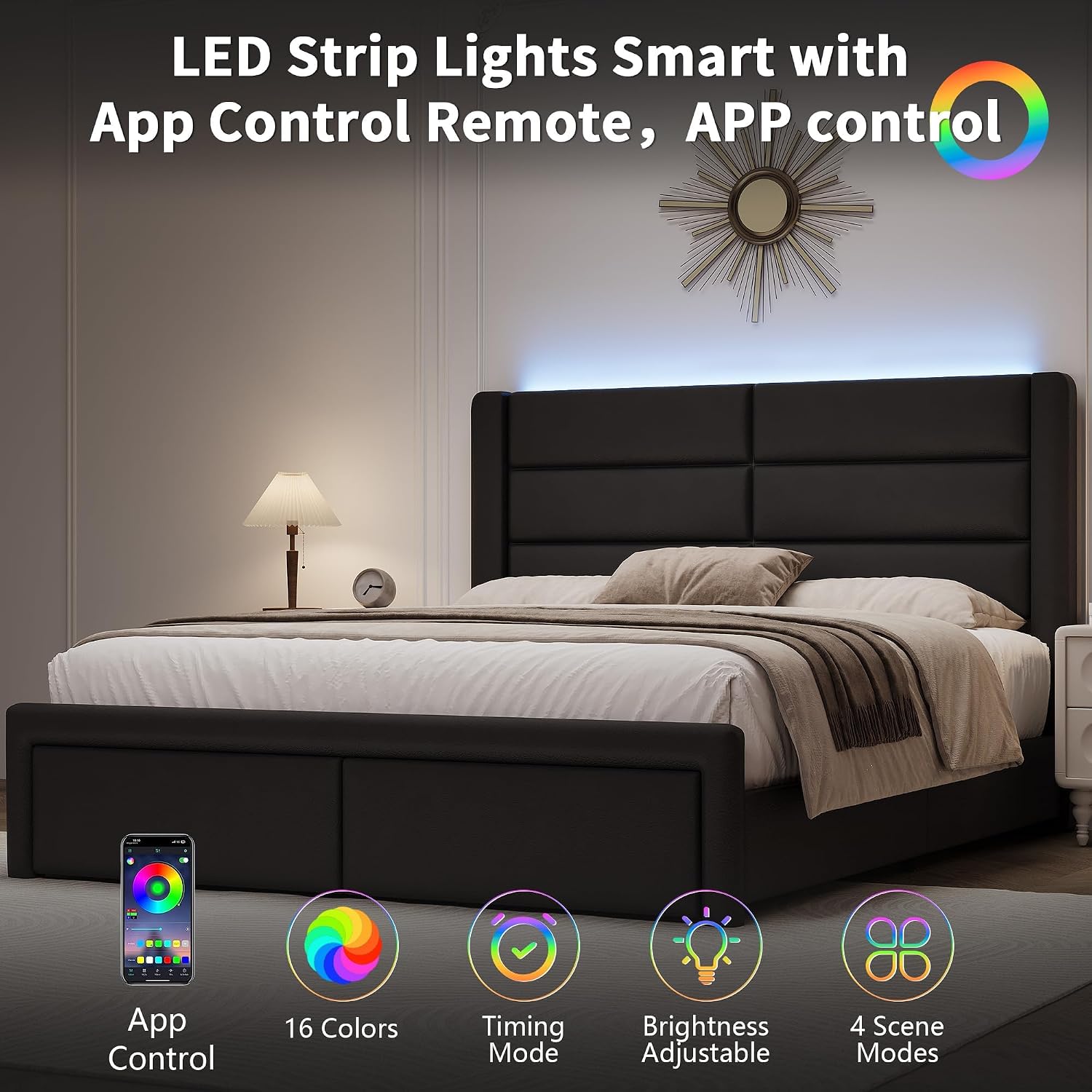 Full Size Upholstered Bed Frame with LED Lights Headboard, Modern Faux Leather Bed Frame with Wooden Slats Support and Heavy Duty Mattress Foundation, No Box Spring Needed, Easy Assembly, Black
