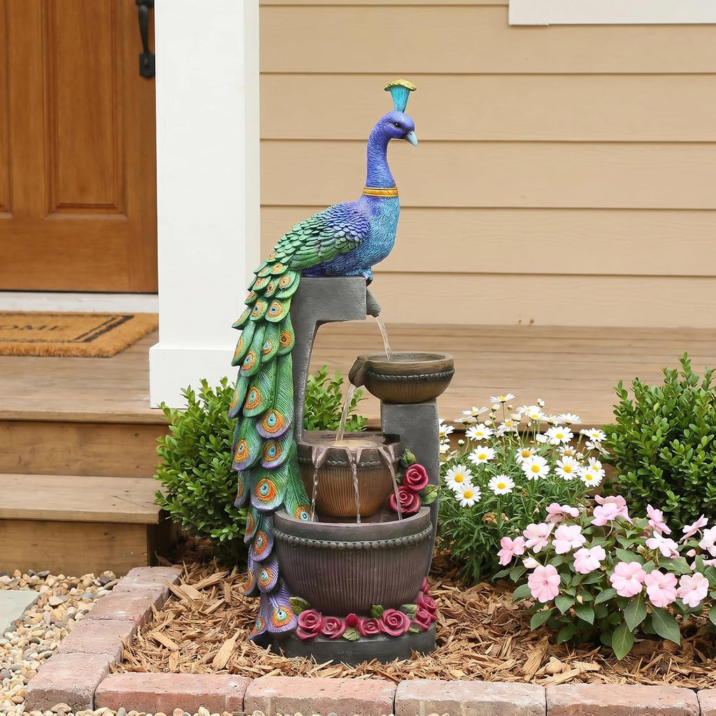 Tankana Outdoor Water Fountain 41' H Cascading Peacock Waterfall Fountain with LED Lights & Pump Tiered Water Feature for Garden, Patio, Backyard, Deck, and Porch Decor