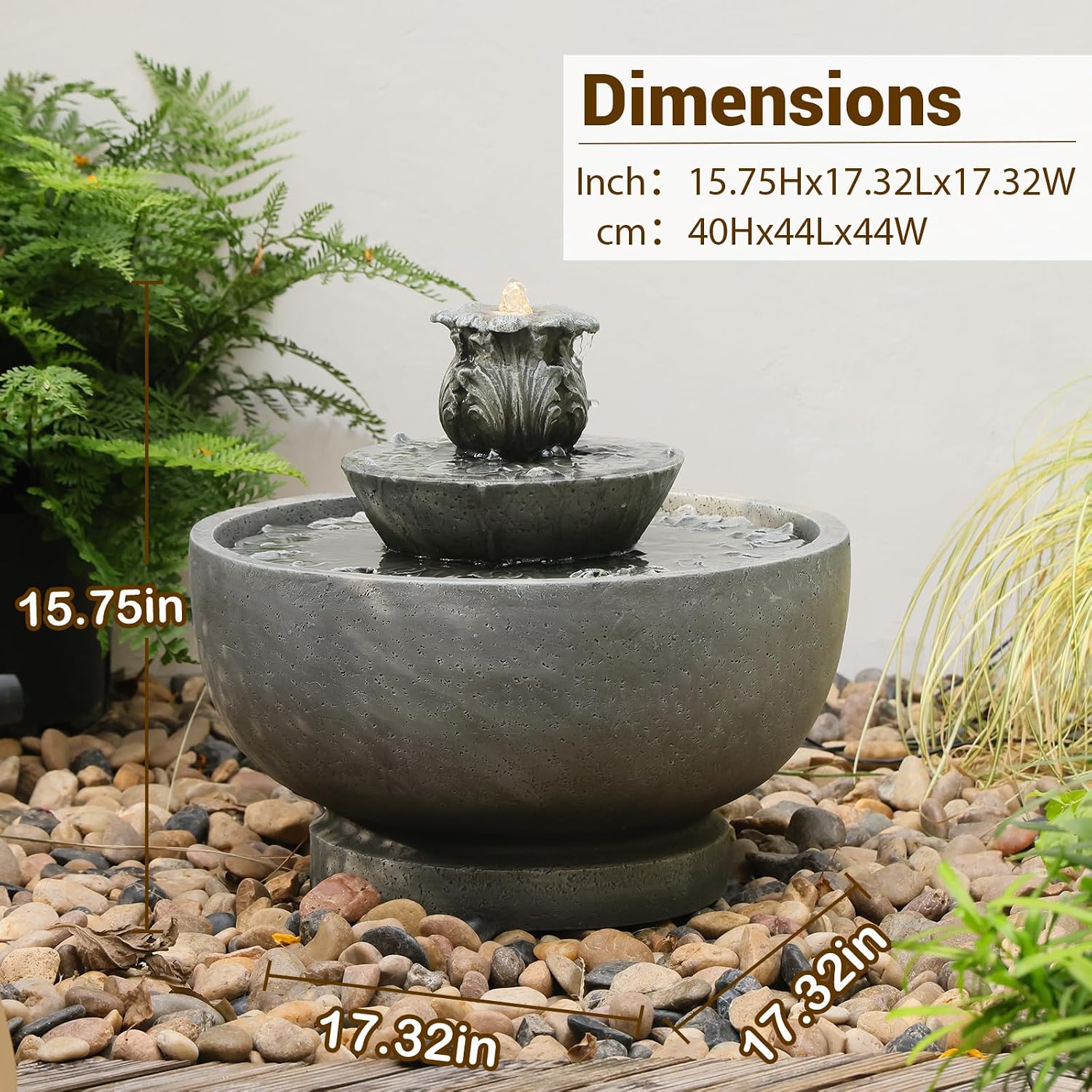 Sunlinua Small Modern Outdoor Water Fountain with Led Lights 3-Tiers Cascading Waterfall Feature with Quiet Pump Floor Water Fountain for Patio Garden Backyard Decking Home and Indoor Décor Gray