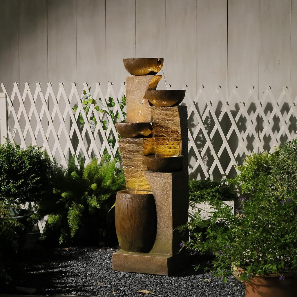 5-Tier Rustic Jar Water Fountain Outdoor with LED Lights, 51.6' Tall Cascading Resin Waterfall Feature for Garden Patio Backyard Yard Décor, Tiered Water Fountain