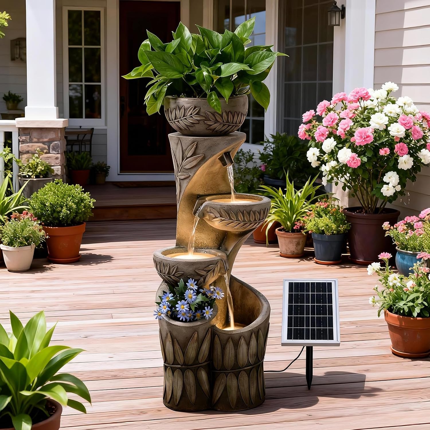 35.6' Solar Outdoor Water Fountain - Relief Leaf Design 4 Tiers Modern Cascading Bowls and Garden Fountains with Lights for Patio, Deck, Porch, Lawns, Backyard and Home Art Decor