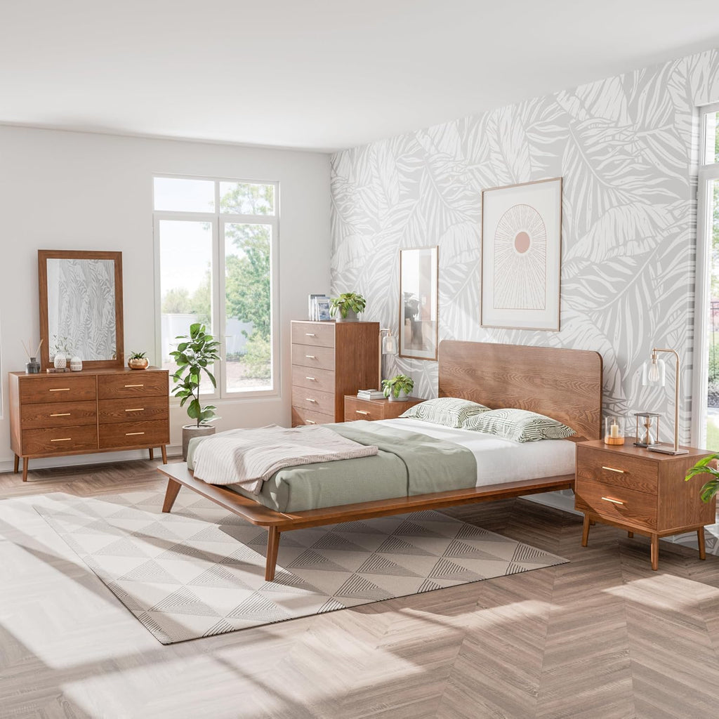 Furniture of America Wyatt Modern Solid Wood Bedroom Collection with Queen Bed Frame, Nightstands, Dresser with Mirror, Chest, No Box Spring Needed, Walnut, Standard Low Profile, 6-Piece Set