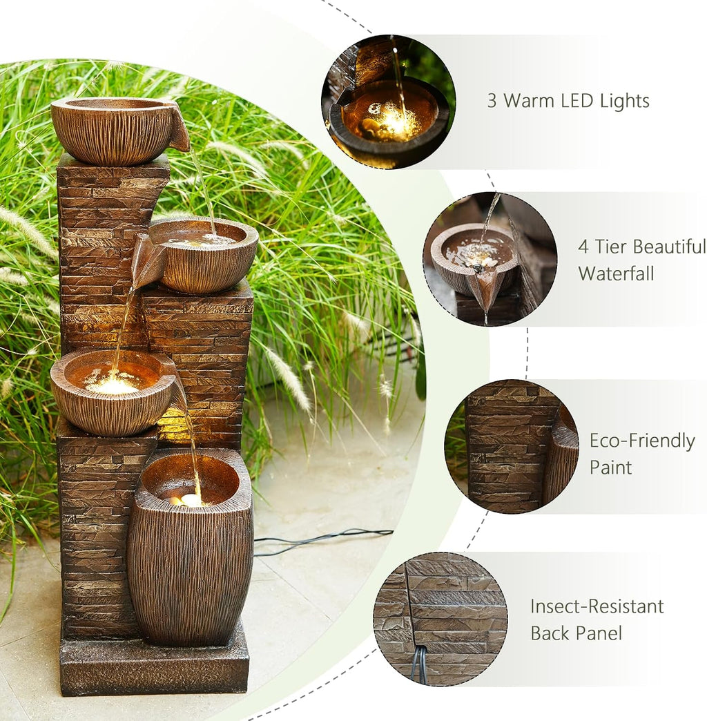 38.2' Tall Outdoor Water Fountain,Stone Texture Modern 4 Tiers Cascading Bowls Garden Fountains Outdoor,Suit for Patio, Deck, Porch, Lawns, Backyard and Home Art Decor