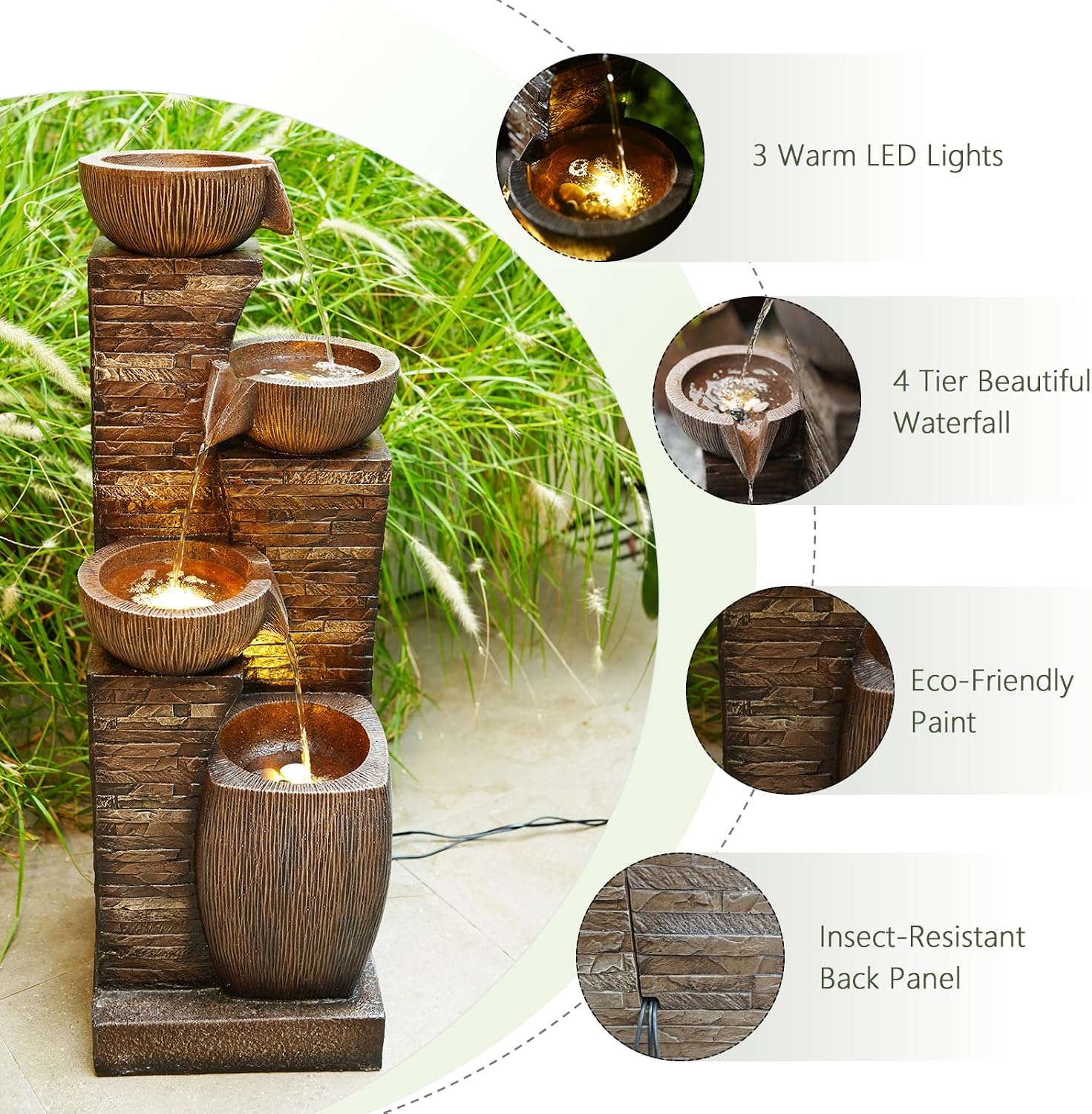 38.2' Tall Outdoor Water Fountain,Stone Texture Modern 4 Tiers Cascading Bowls Garden Fountains Outdoor,Suit for Patio, Deck, Porch, Lawns, Backyard and Home Art Decor