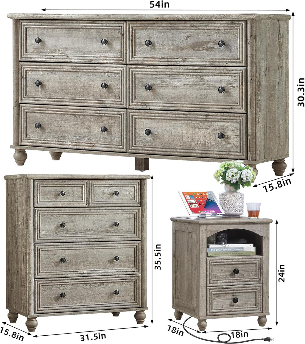 Farmhouse Dressers & Night Stand Set of 3, Wood 54' Wide 6 Drawer Dresser & 35.5'Tall Chest of Drawers, 18' with Charging Station Nightstand, Bedroom Furniture Dresser Set for Home Living Room Hallway