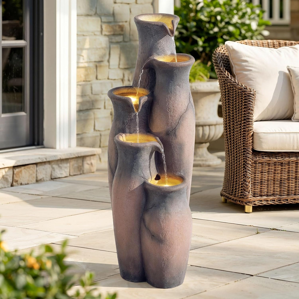 33' H Outdoor Water Fountain with Lights, 5-Tier Faux Terracotta Vase Waterfall, Rustic Cracked Stone Finish Resin Cascading Waterfall Feature with Tranquil Oasis for Garden, Patio, Yard, Porch