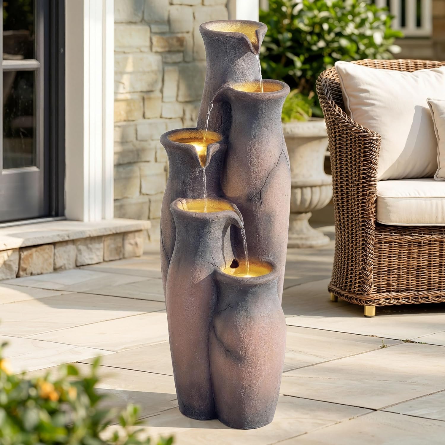 33' H Outdoor Water Fountain with Lights, 5-Tier Faux Terracotta Vase Waterfall, Rustic Cracked Stone Finish Resin Cascading Waterfall Feature with Tranquil Oasis for Garden, Patio, Yard, Porch