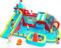 Inflatable Bounce House with Double Slide, Water Slide with Jumping Area, 10 in 1 Large Bounce Castle, Splash Pool, Climbing Wall, Toy Stand, Water Cannon, Basketball, Tunnel, Outdoor, Indoor, Blue