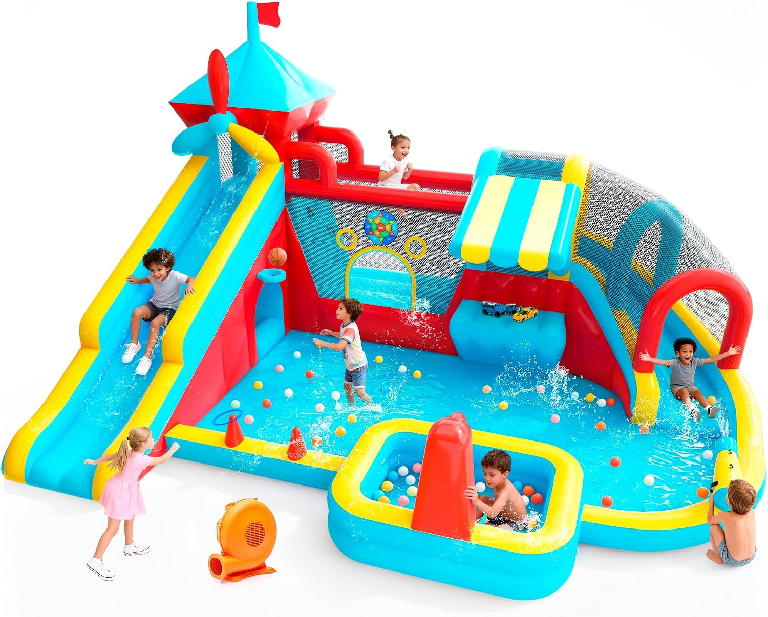 Inflatable Bounce House with Double Slide, Water Slide with Jumping Area, 10 in 1 Large Bounce Castle, Splash Pool, Climbing Wall, Toy Stand, Water Cannon, Basketball, Tunnel, Outdoor, Indoor, Blue