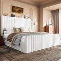 King Size Bed Frame with 55.1' Tall Headboard, Velvet Upholstered Platform Bed with Channel Tufted Wingback, 2 Reading Lights/Storage Shelf/Charging Station/Easy Assembly/Noise-Free, Cream