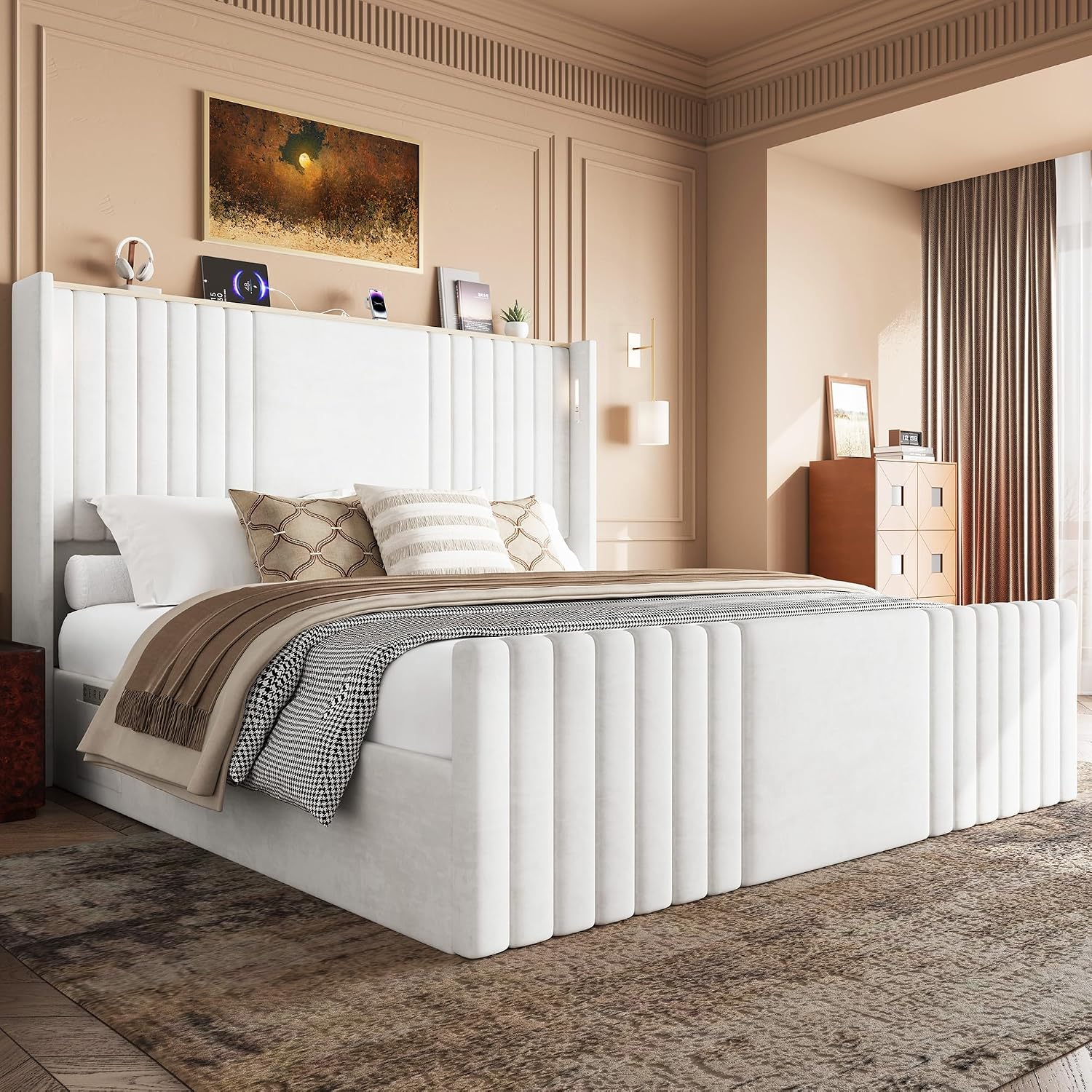 King Size Bed Frame with 55.1' Tall Headboard, Velvet Upholstered Platform Bed with Channel Tufted Wingback, 2 Reading Lights/Storage Shelf/Charging Station/Easy Assembly/Noise-Free, Cream