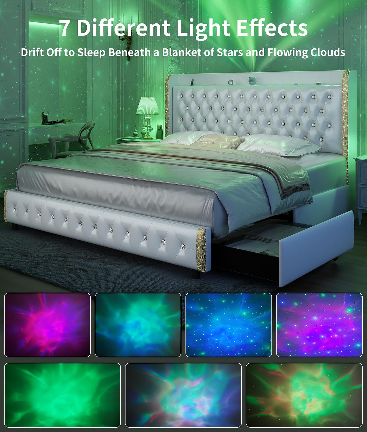 GEGOFORU Queen Led Bed Frame with 4 Drawers Projector Galaxy Light, Wingback Upholstered Headboard, Diamond Charger Music Speaker, No Box Spring Needed & Noise-Reduction, Wooden Slats, PU White