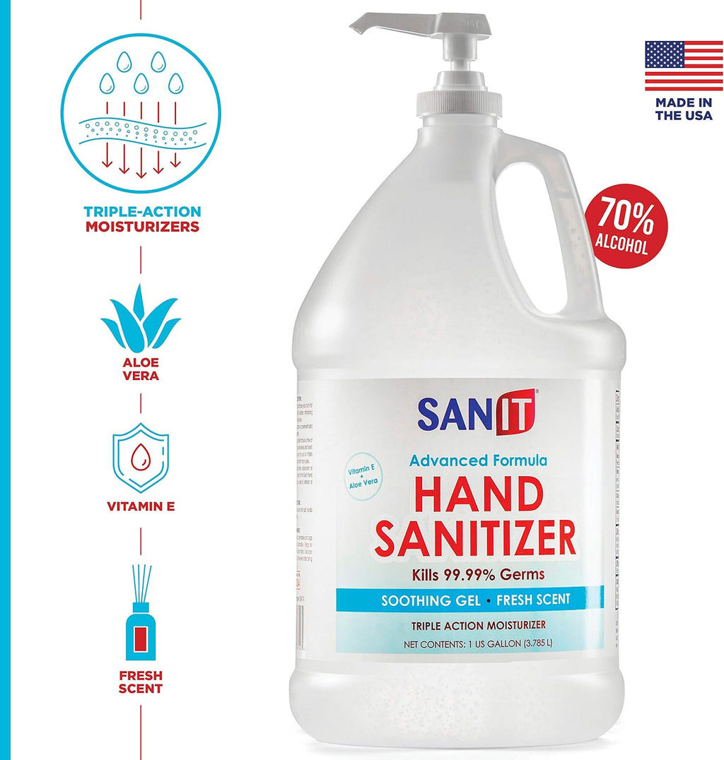 Sanit Moisturizing Hand Sanitizer Gel 70% Alcohol - Kills 99.99% Germs, Advanced Formula with Vitamin E and Aloe Vera - Soothing Gel, Fresh Scent, Made in USA - 1 Gallon with Pump, 4 Pack