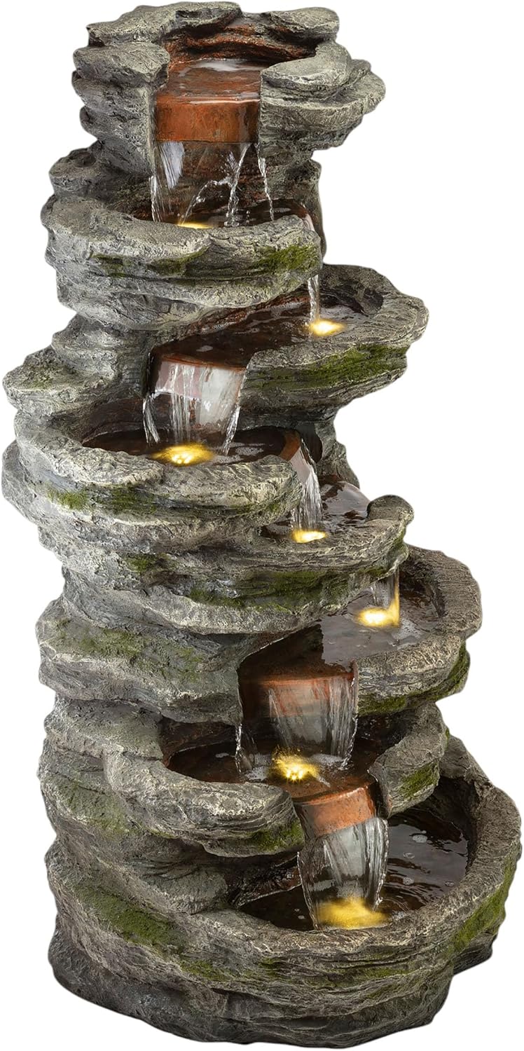 Alpine Corporation WIN1146 Outdoor Floor Cascading 8 Tiered Rock Garden Water Fountain with LED Lights, 58', Gray