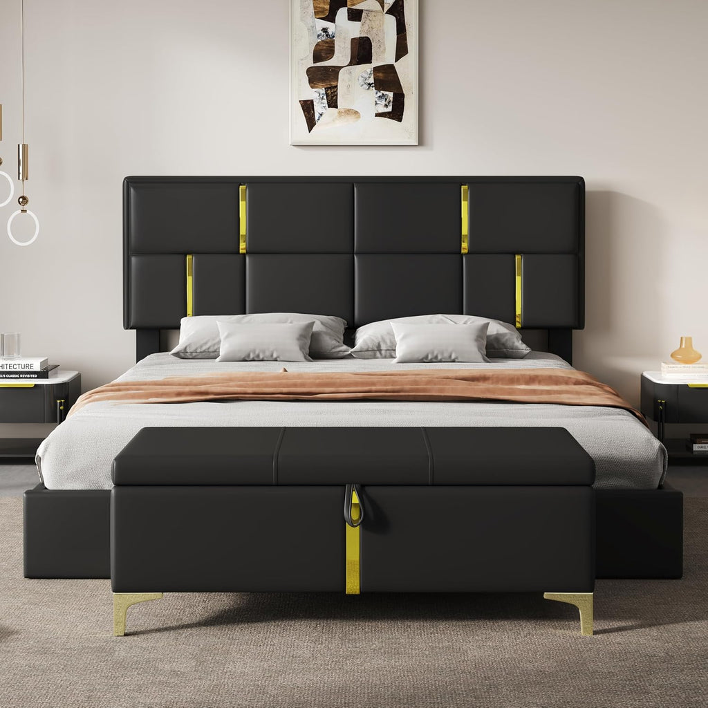 JIVOIT Elegant Design 2-Pieces Bedroom Sets, Queen Size Upholstered Platform Bed with Hydraulic Storage System, Upholstered Storage Ottoman with Metal Legs, Space Saving Design (Black,Sets,5)