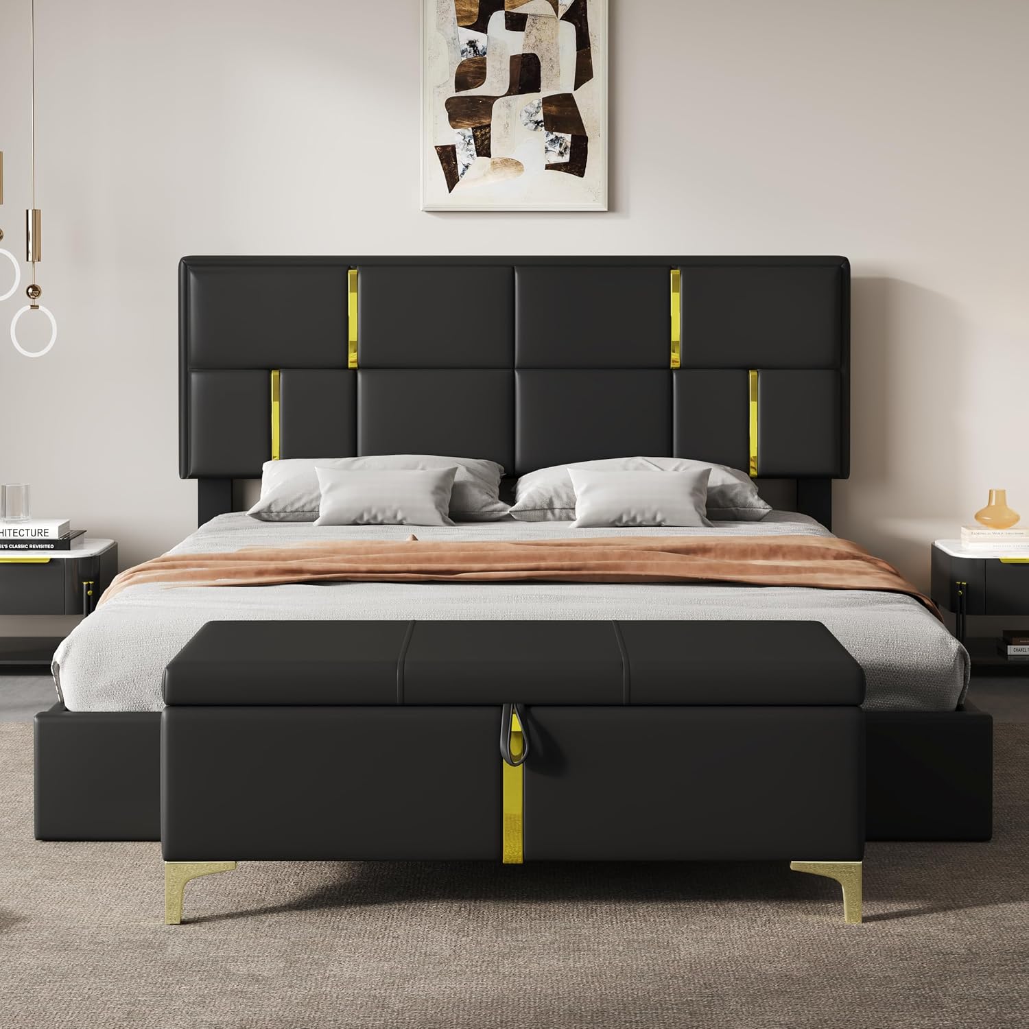 JIVOIT Elegant Design 2-Pieces Bedroom Sets, Queen Size Upholstered Platform Bed with Hydraulic Storage System, Upholstered Storage Ottoman with Metal Legs, Space Saving Design (Black,Sets,5)