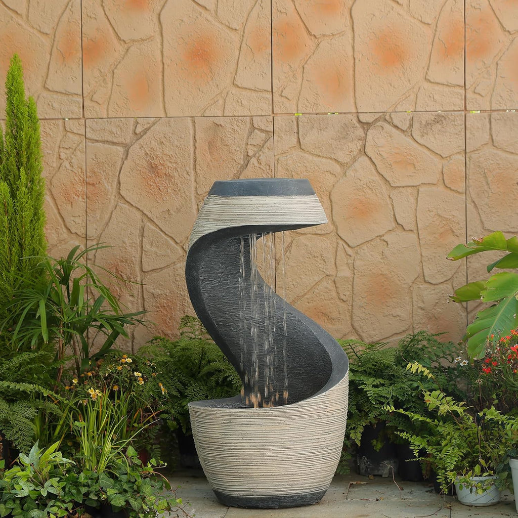 37' S-Shaped Outdoor Water Fountain with LED Lights, Modern Resin Cascading Waterfall Feature for Garden, Patio, Backyard or Porch, Large Decorative Zen Water Feature – 21' L x 21' W x 37.9' H