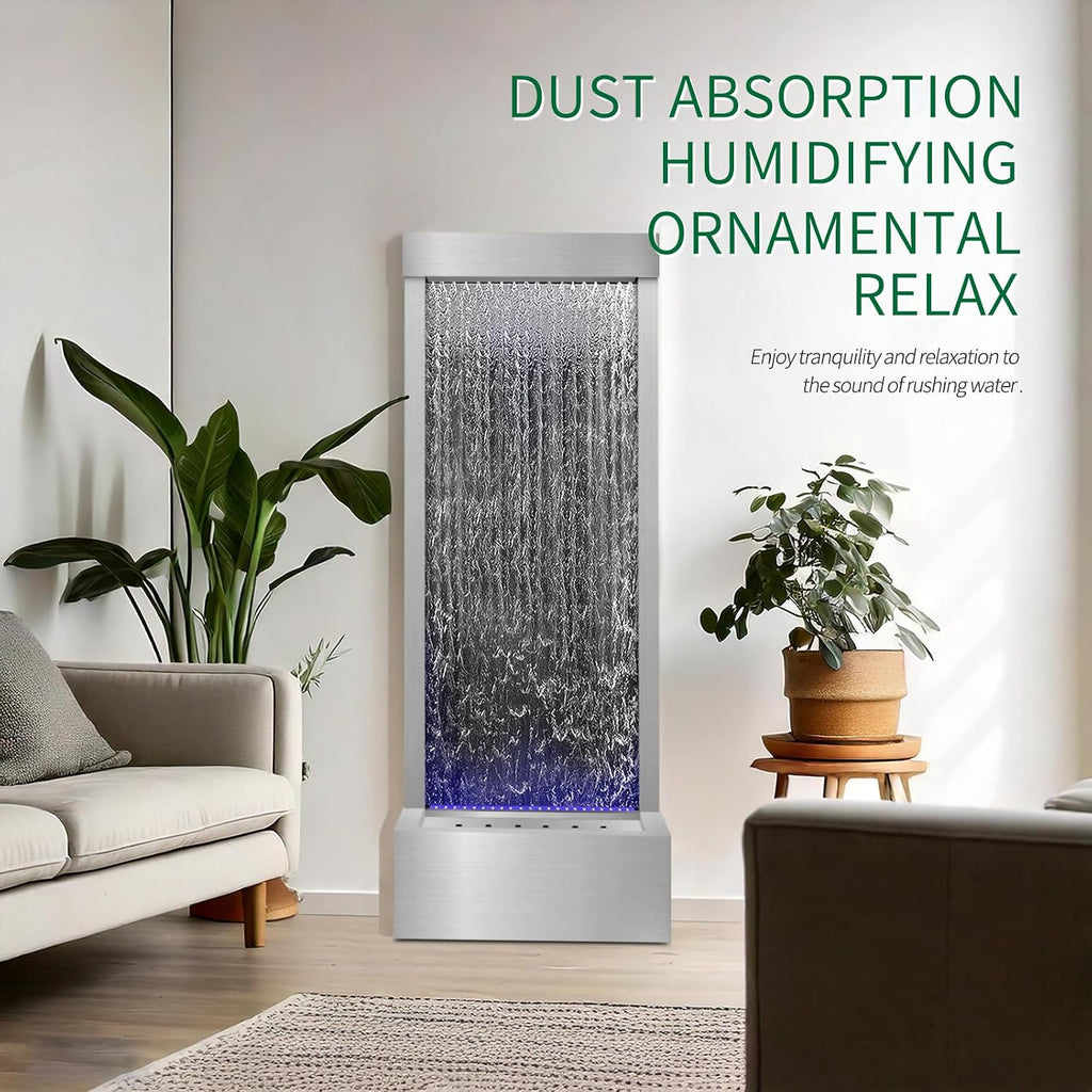 LONGRUN 48' Mirror Waterfall | Indoor Water Fountain with 7-Color LED Lights | Stainless Steel Self-Contained Waterfall Fountain for Home Decor | Large Indoor Water Feature Kit Mirrored Silver
