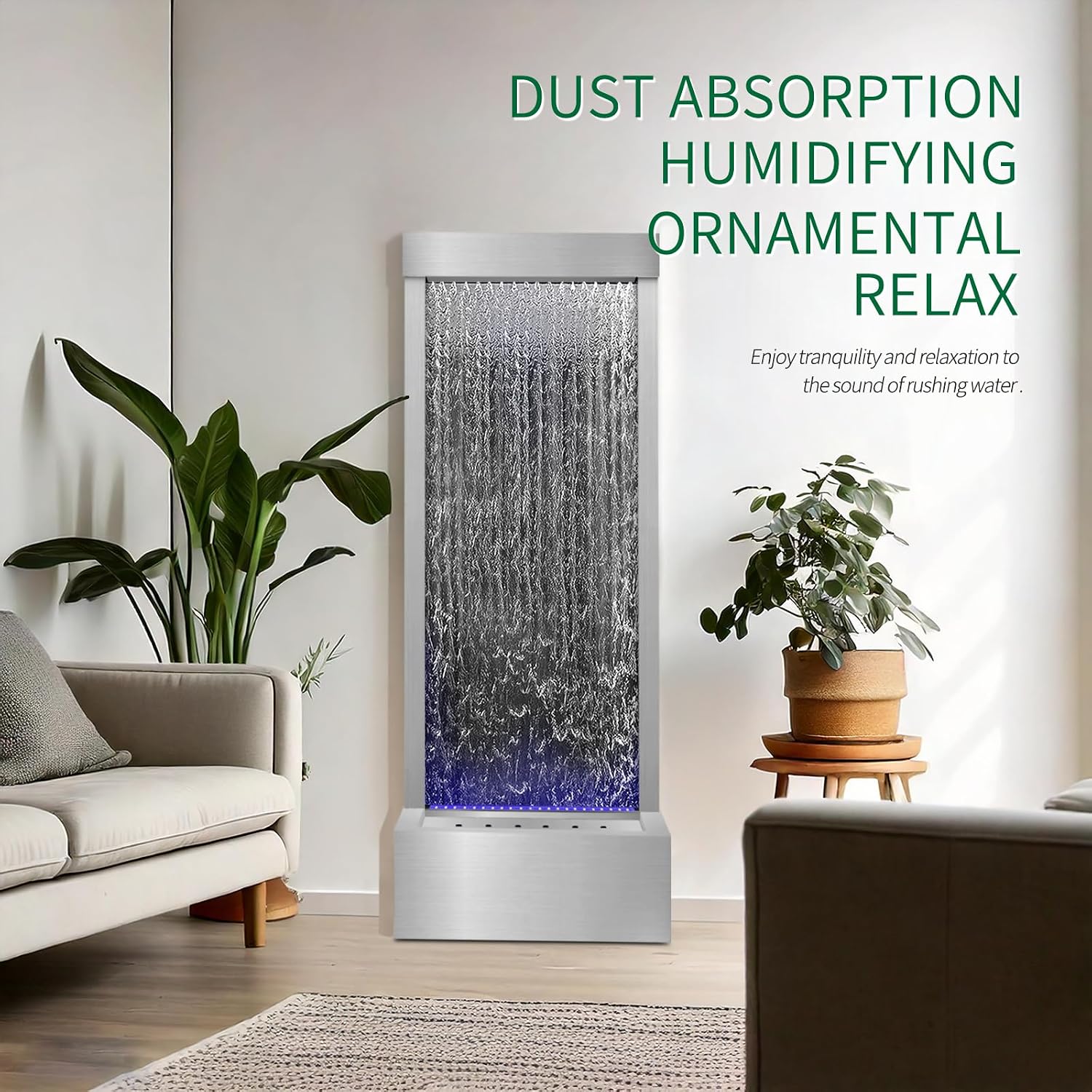 LONGRUN 48' Mirror Waterfall | Indoor Water Fountain with 7-Color LED Lights | Stainless Steel Self-Contained Waterfall Fountain for Home Decor | Large Indoor Water Feature Kit Mirrored Silver