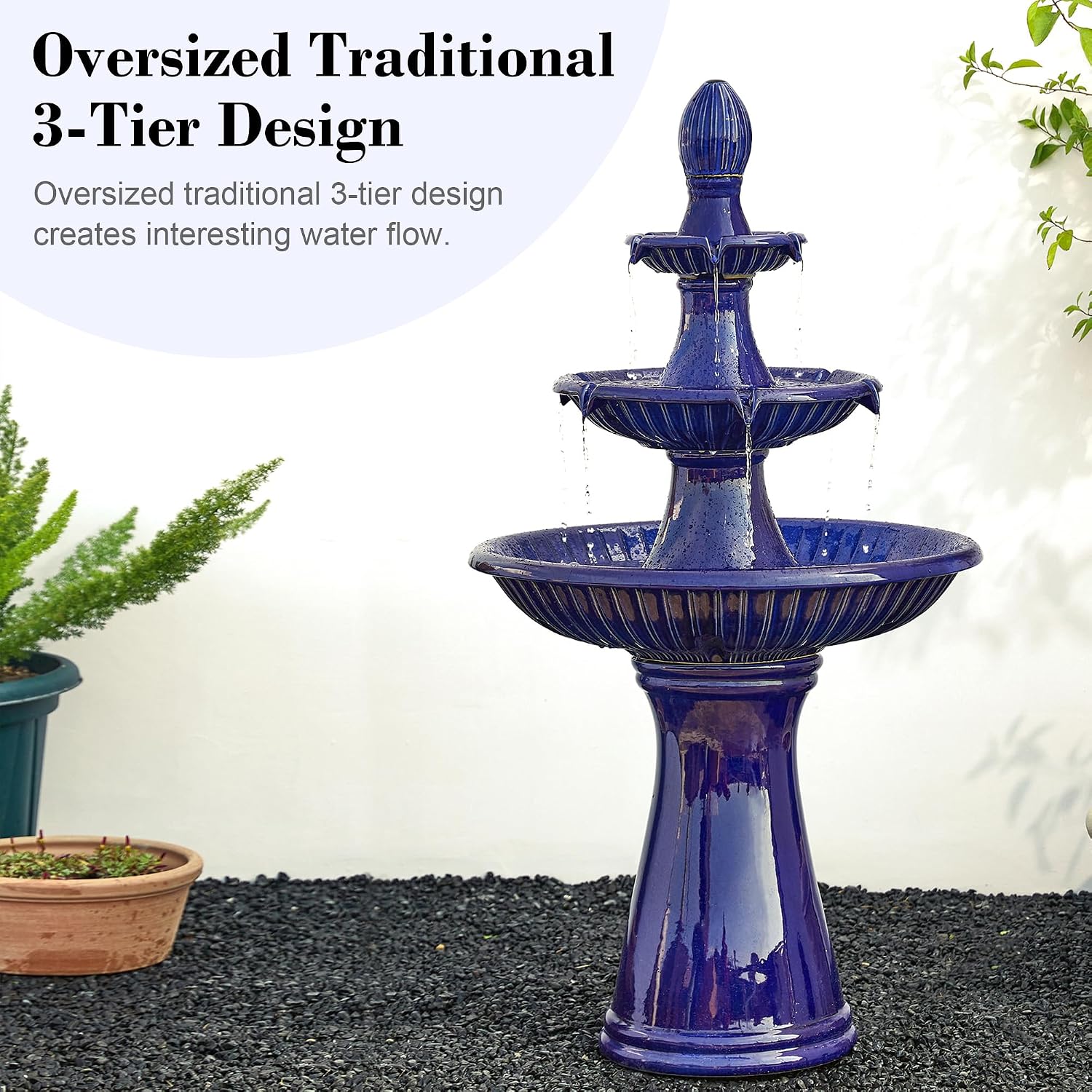 Glitzhome Water Fountain Outdoor Floor-Stand Fountain with LED Light & Pump Oversized 3 Tier Ceramic Cobalt Blue Patio Fountains and Waterfalls Outdoor Yard Fountains for Lawn Garden Backyard